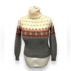 Darnknit Women’s Nordic Fair Isle Chunky Turtleneck Sweater VTG 70s 90s Gray S